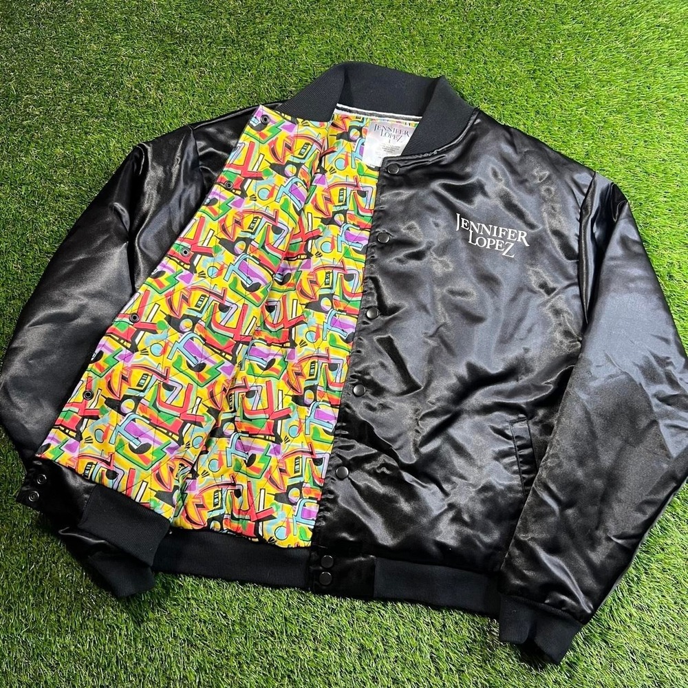 Y2K Jennifer Lopez JLO Bronx 6 Satin Bomber Jacket Black Pop Art Hip Hop Large L